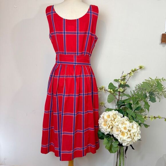 Vintage 50s Serbin Petite Red & Navy Plaid Belted Button-Front Dress | Made in U - Picture 6 of 11
